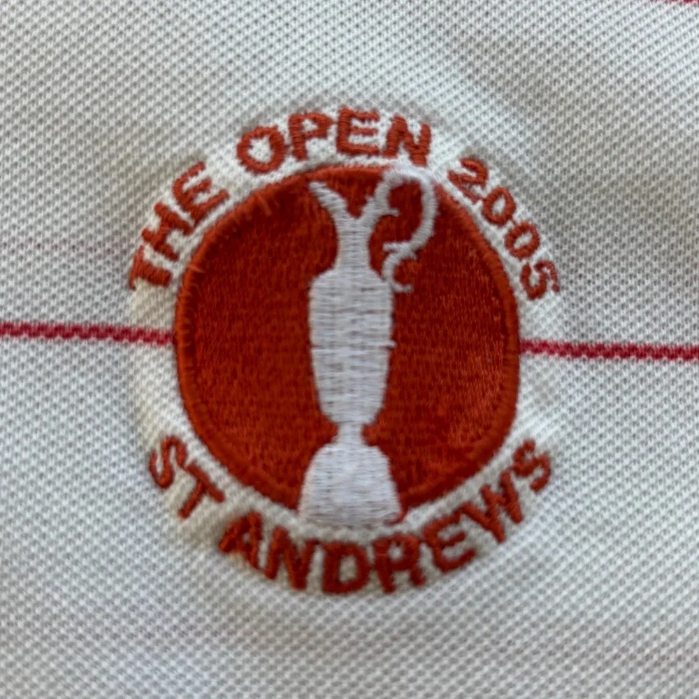 VTG Polo Golf Shirt Mens XL White Striped The Open 2005 St Andrews Preppy